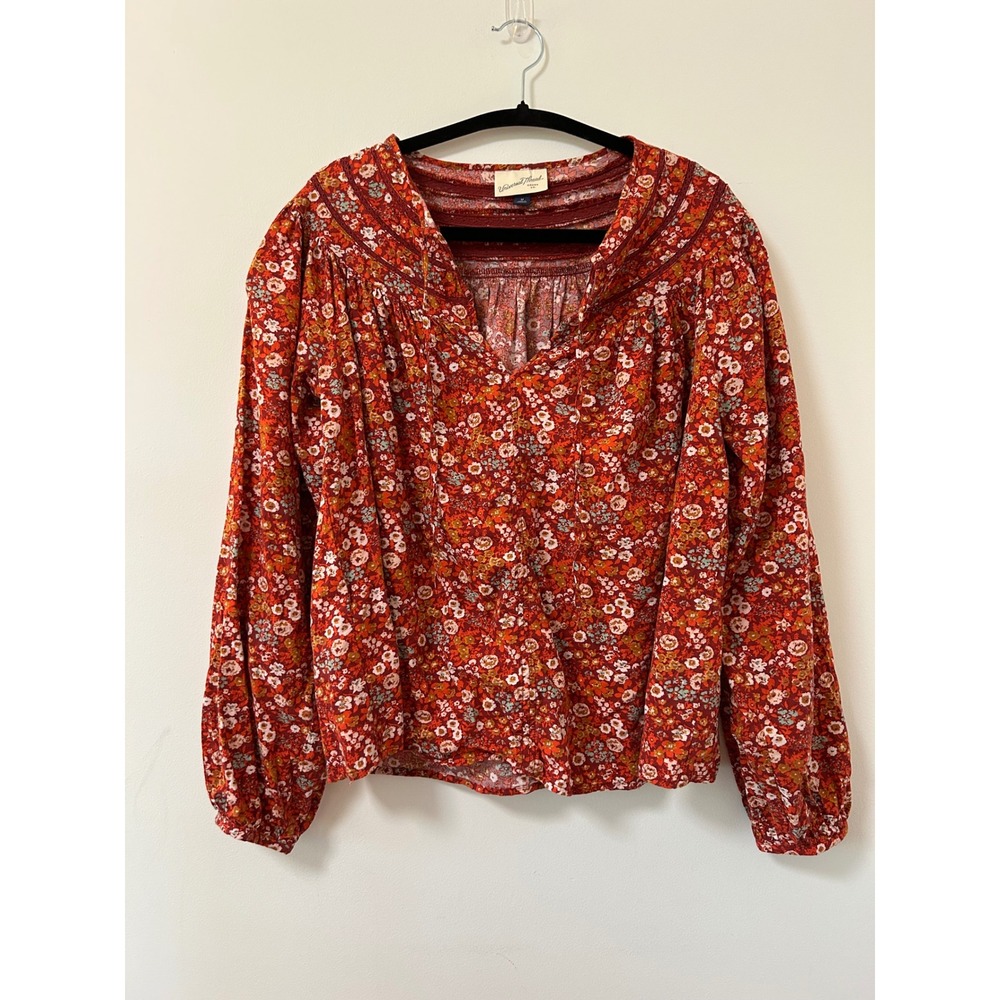 Universal Thread Red Floral Lace Trim‎ Peasant Blouse Long Sleeve M Festival